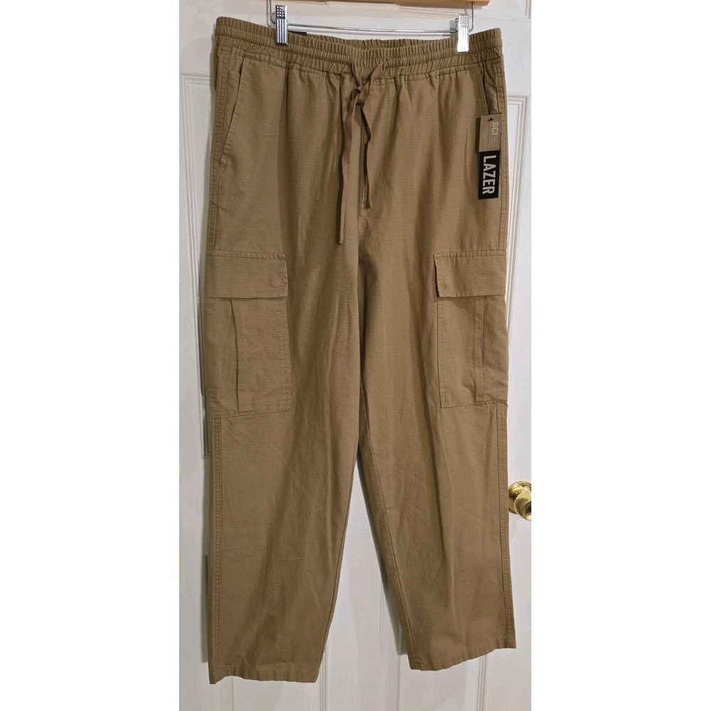 Lazer Cargo Pants LARGE Mens Loose Fit Straight Leg TAN Sits Below Waist NEW